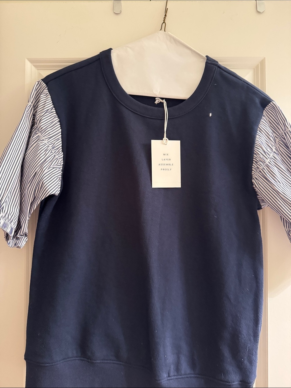 Women’s sweatshirt with striped Navy Blue and white Striped Puff Sleeves